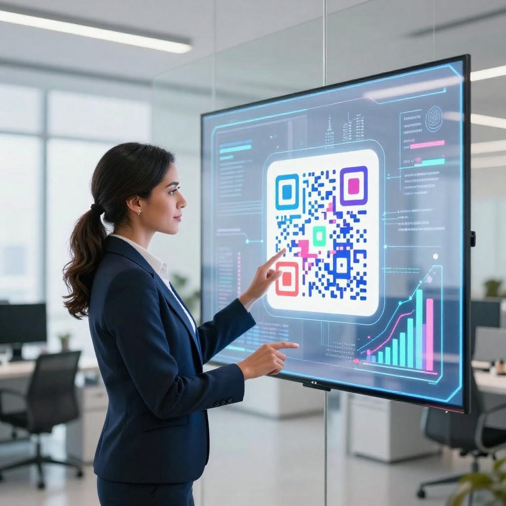 A clean, modern office setting with a confident Latin businesswoman interacting with a large transparent digital screen displaying AI-driven marketing analytics and colorful QR codes. The background features futuristic cityscape elements with glowing data streams and holographic marketing graphs. The scene highlights the integration of advanced AI technology and QR code scanning in shaping the future of marketing, emphasizing innovation and digital connectivity. The lighting is bright and professional, conveying a sense of cutting-edge progress and business sophistication.
