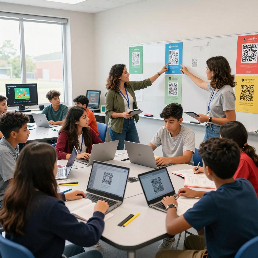 A bright, modern classroom in an educational institution with Latinx students actively engaged in learning, scanning QR codes displayed on colorful posters and digital tablets. The students, diverse in age and wearing casual, contemporary clothes, gather around desks with open books and laptops. Teachers guide them, smiling and pointing to QR codes on handouts and whiteboards. The environment is vibrant and tech-friendly, with visible digital screens showing interactive educational content. Natural daylight fills the room through large windows, emphasizing a collaborative and innovative atmosphere focused on enhancing student engagement through QR code technology.
