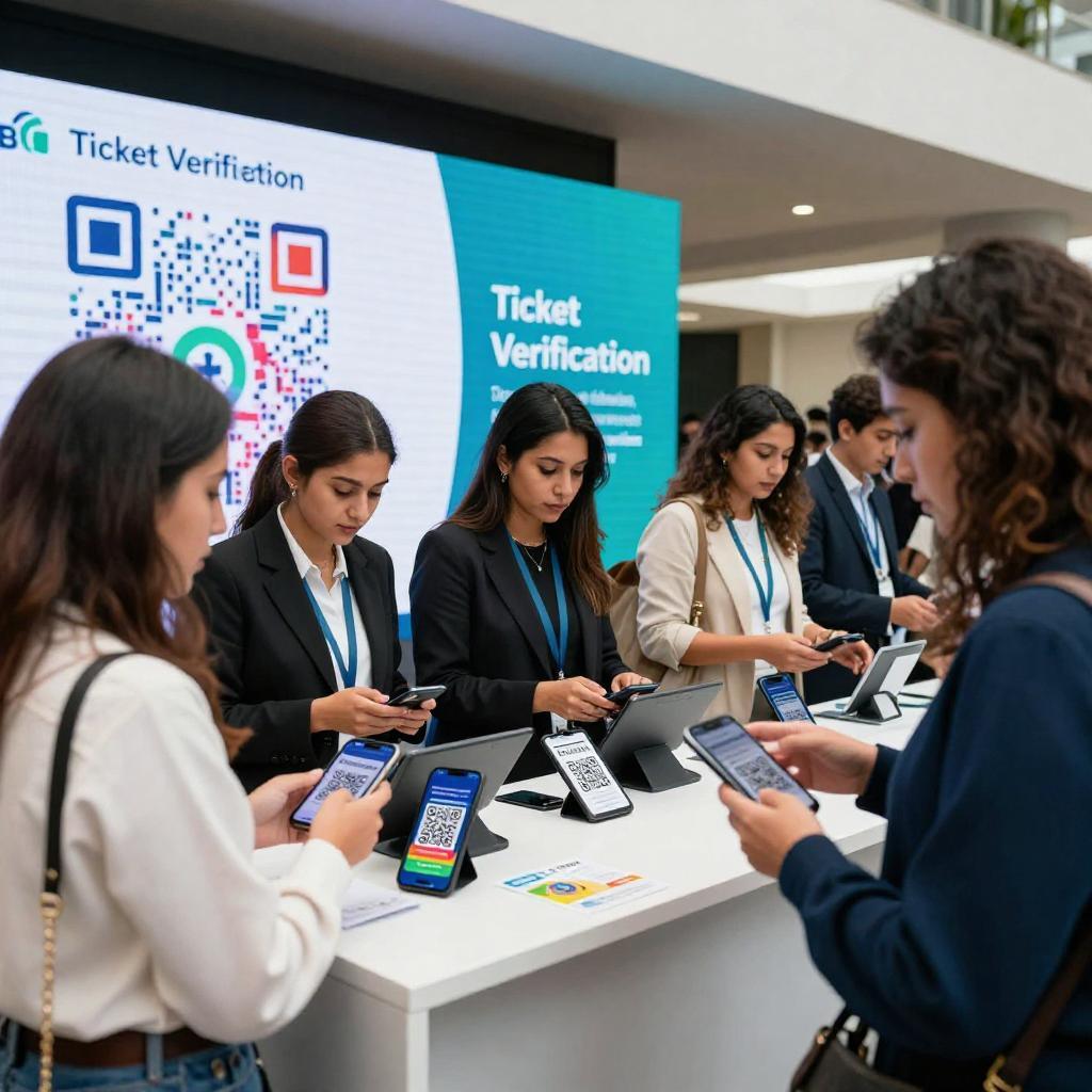 A bustling event entrance scene featuring diverse Latin event organizers and attendees. The organizers, sleekly dressed in professional attire, are standing behind a modern registration desk equipped with tablets and smartphones displaying vibrant QR codes. Attendees, also Latin, are in casual but stylish clothing, confidently scanning QR codes from their mobile phones or printed tickets. The background shows a large digital screen with a clear and colorful QR code graphic and text indicating “Ticket Verification.” The atmosphere is efficient and welcoming, with clear signage and contemporary architectural elements, emphasizing the seamless, tech-savvy process of digital ticketing using QR codes. The lighting is bright and natural, conveying a sense of order and innovation.