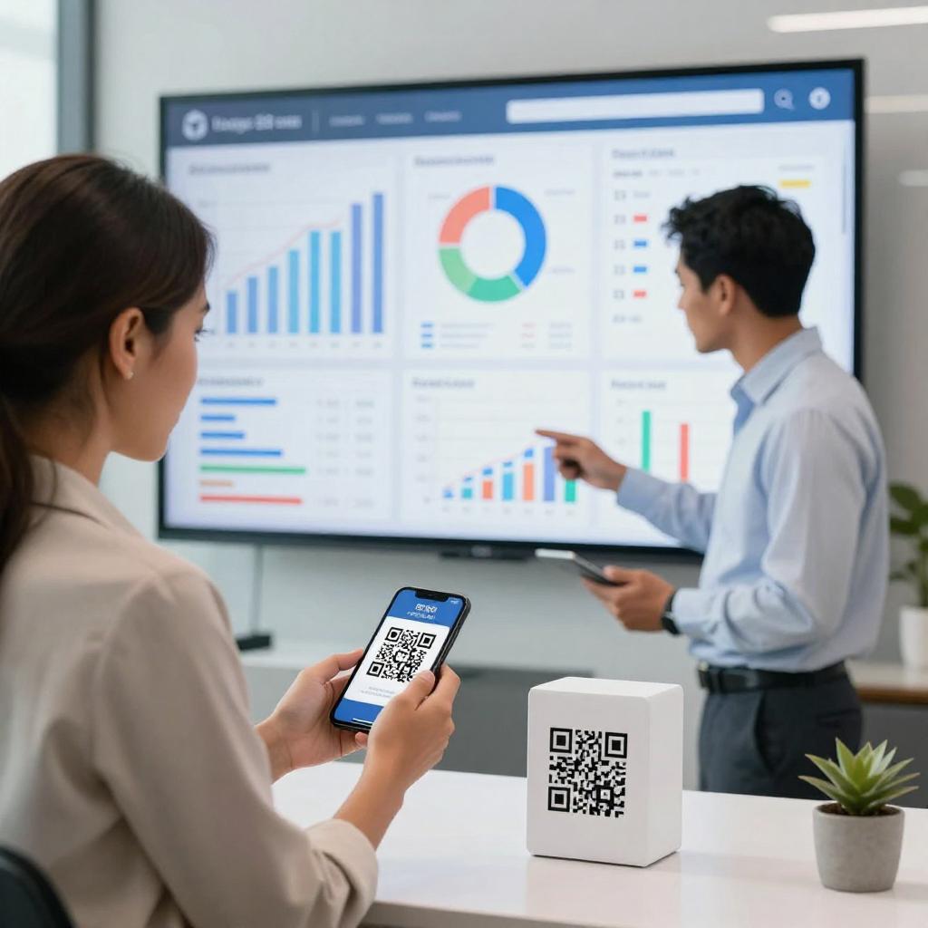 A modern, professional office environment featuring a Latino businesswoman scanning a QR code on a product with her smartphone, while a Latino businessman reviews real-time analytics displayed on a large digital screen behind them. The screen shows dynamic charts, graphs, and data metrics reflecting customer engagement and sales trends. The setting is bright and sleek, emphasizing technology and innovation. Subtle branding elements related to QR codes and business analytics are integrated into the background. The overall image conveys how QR codes enable businesses to gather and analyze real-time data efficiently.