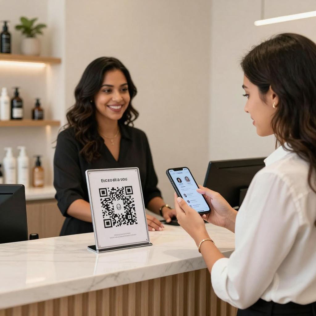 A modern, stylish salon reception area with a warm, inviting atmosphere. A young Latinx woman, dressed in professional attire, is holding a smartphone scanning a large, clear QR code displayed on a sleek stand at the counter. Behind the counter, a friendly Latinx receptionist smiles, ready to assist. Visible on the phone screen are app icons for booking appointments and leaving reviews. The background includes elegant salon decor, hair and spa products neatly arranged on shelves, and soft natural lighting enhancing the welcoming environment. The scene highlights seamless digital integration in a trendy salon setting, emphasizing convenience and customer engagement through QR codes.