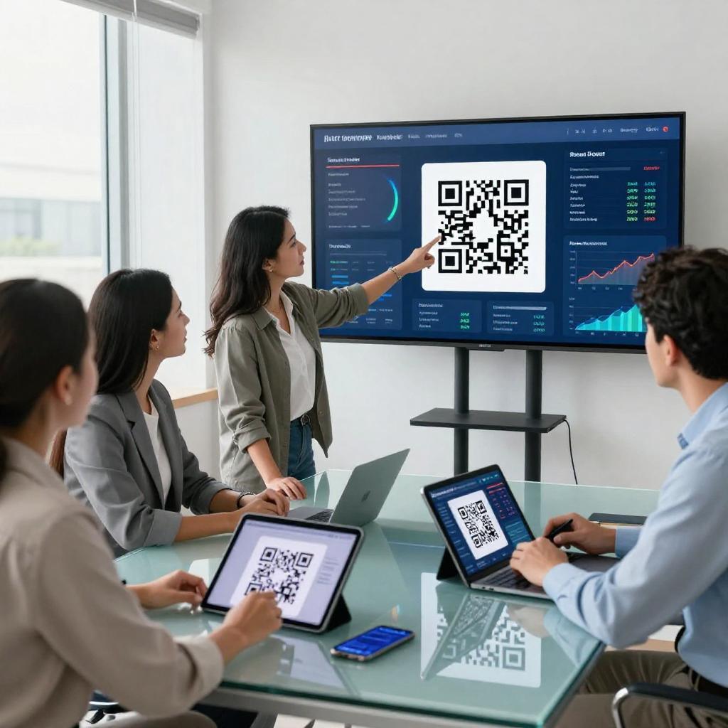 A clean, modern office setting with a group of three Latin professionals—two women and one man—collaborating around a sleek glass table. On the table, there are tablets and smartphones displaying dynamic QR codes and marketing analytics dashboards with graphs and ROI metrics. One woman is pointing at a large digital screen mounted on the wall showing real-time data tracking and QR code scan statistics. The atmosphere is bright and focused, with natural light coming through large windows, emphasizing a high-tech, results-driven marketing environment.
