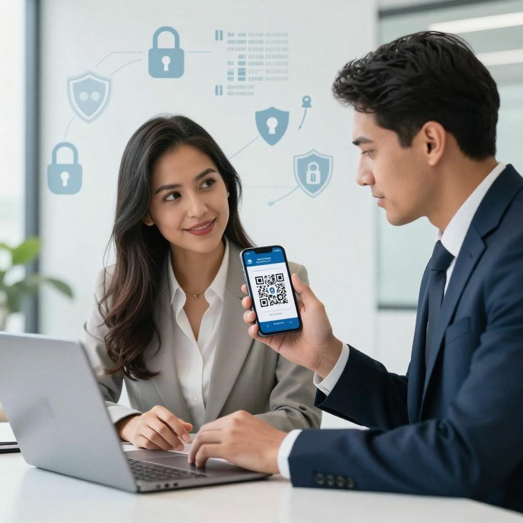 A clean, modern office setting where a confident Latin businesswoman is holding a smartphone displaying a secure QR code, while a Latin businessman in professional attire reviews cybersecurity data on a laptop screen nearby. The background features digital security icons like padlocks, shields, and encrypted code subtly integrated into the design, representing QR code security. The atmosphere is bright and professional, emphasizing trust, technology, and protection for both business and customers.