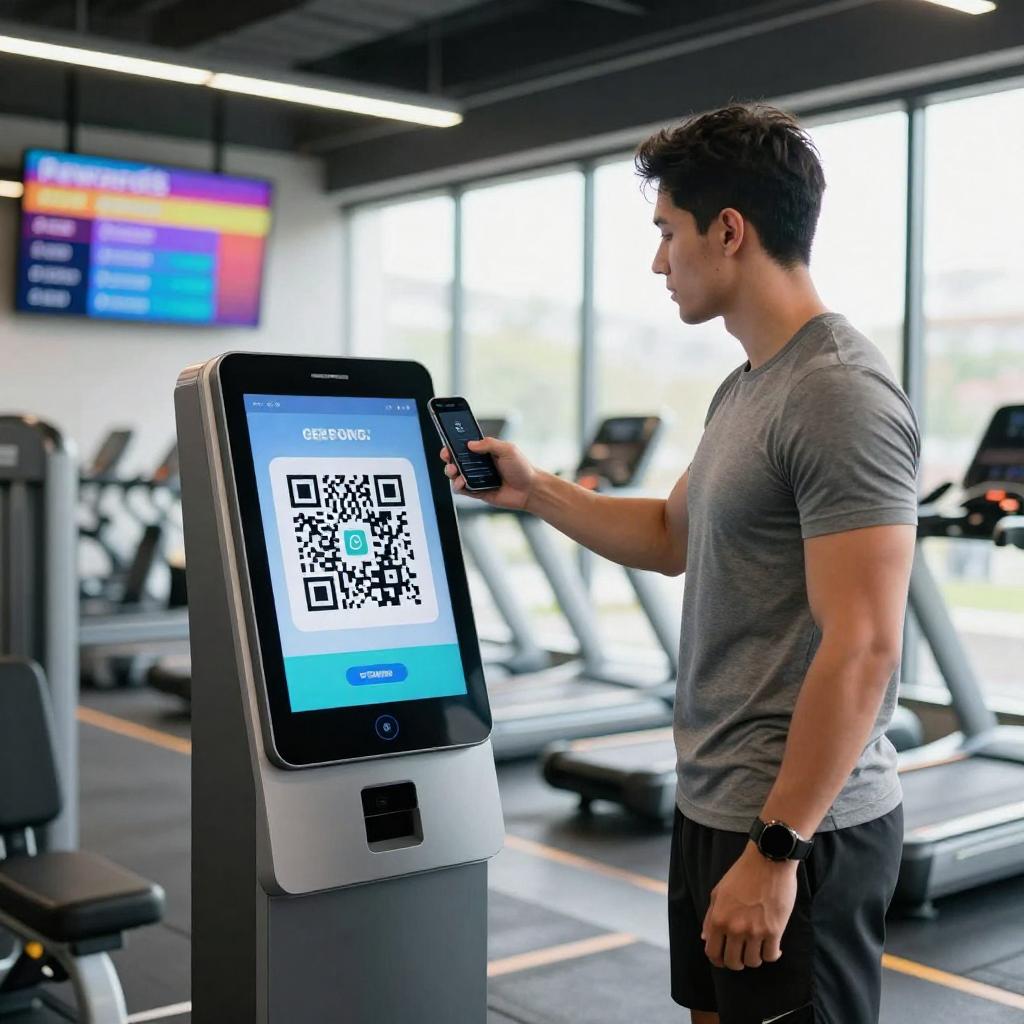 A bright, modern gym interior with sleek equipment and a digital check-in kiosk featuring a large, prominently displayed QR code scanner. A fit Latin male gym member, casually dressed in workout attire, is holding his smartphone up to scan the QR code for easy check-in. Nearby, a colorful digital rewards board showcases points and achievements, motivating members to stay engaged. The atmosphere is energetic and welcoming, with natural light streaming through large windows, highlighting the fusion of technology and fitness in a seamless, user-friendly environment.