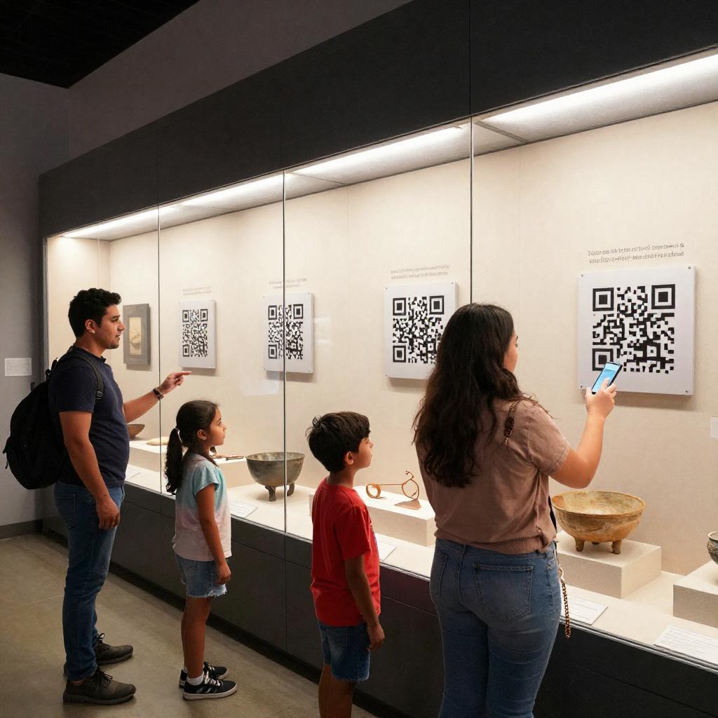 A modern museum exhibition space with well-lit display cases featuring historical artifacts and art pieces. Prominently placed next to each exhibit are sleek QR code panels integrated seamlessly into the design, encouraging visitors to scan for more information. In the foreground, a young Latinx family—parents and two children—engages enthusiastically with the displays, the mother holding a smartphone scanning a QR code while the children look on with curiosity. The atmosphere is vibrant and educational, showcasing a blend of technology and culture to enhance the learning experience for museum-goers. The setting conveys accessibility, interactivity, and the use of digital tools to deepen understanding in a contemporary museum environment.