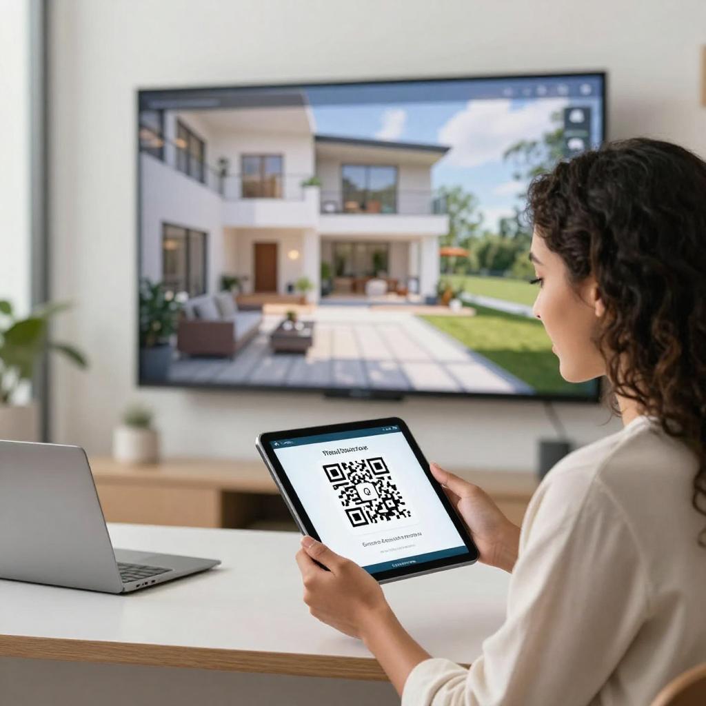 A modern, stylish real estate office setting where a young Latinx couple is exploring a digital tablet displaying a QR code for a property listing. The scene includes a sleek tablet held by the woman, prominently showing a scannable QR code linking to a virtual home tour. In the background, there is a high-resolution screen showcasing a 3D virtual tour of a beautiful home with a bright, inviting interior. The lighting is natural and bright, creating a professional and welcoming atmosphere that highlights the integration of technology in real estate. The couple appears engaged and excited, emphasizing the convenience and innovation brought by QR codes in home buying.