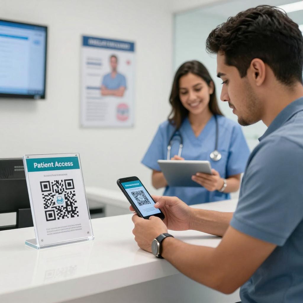 A modern healthcare setting featuring a clean, bright clinic reception area where a Latin patient is using a smartphone to scan a visible QR code on a clear acrylic stand. The QR code is displayed prominently alongside informational signage about patient access and health records. The Latin patient appears engaged and confident, while a friendly healthcare professional, also Latin, stands nearby assisting with a tablet. The environment is modern and technology-driven, with medical posters and digital screens subtly visible in the background, conveying innovation and ease of access to health information through QR codes. The overall atmosphere is welcoming, efficient, and professional.