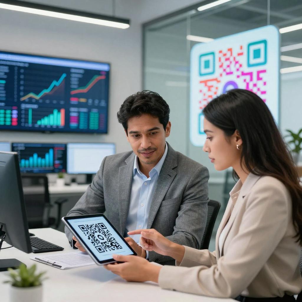 A modern, bright office environment where a confident Latin businessman and businesswoman collaborate over a digital tablet displaying dynamic QR codes. The background features sleek technology screens showing data analytics and business growth charts. On a glass wall nearby, vibrant dynamic QR codes are prominently displayed, symbolizing innovation and connectivity. The scene conveys a professional atmosphere of progress and the impactful role of dynamic QR codes in driving modern business expansion.