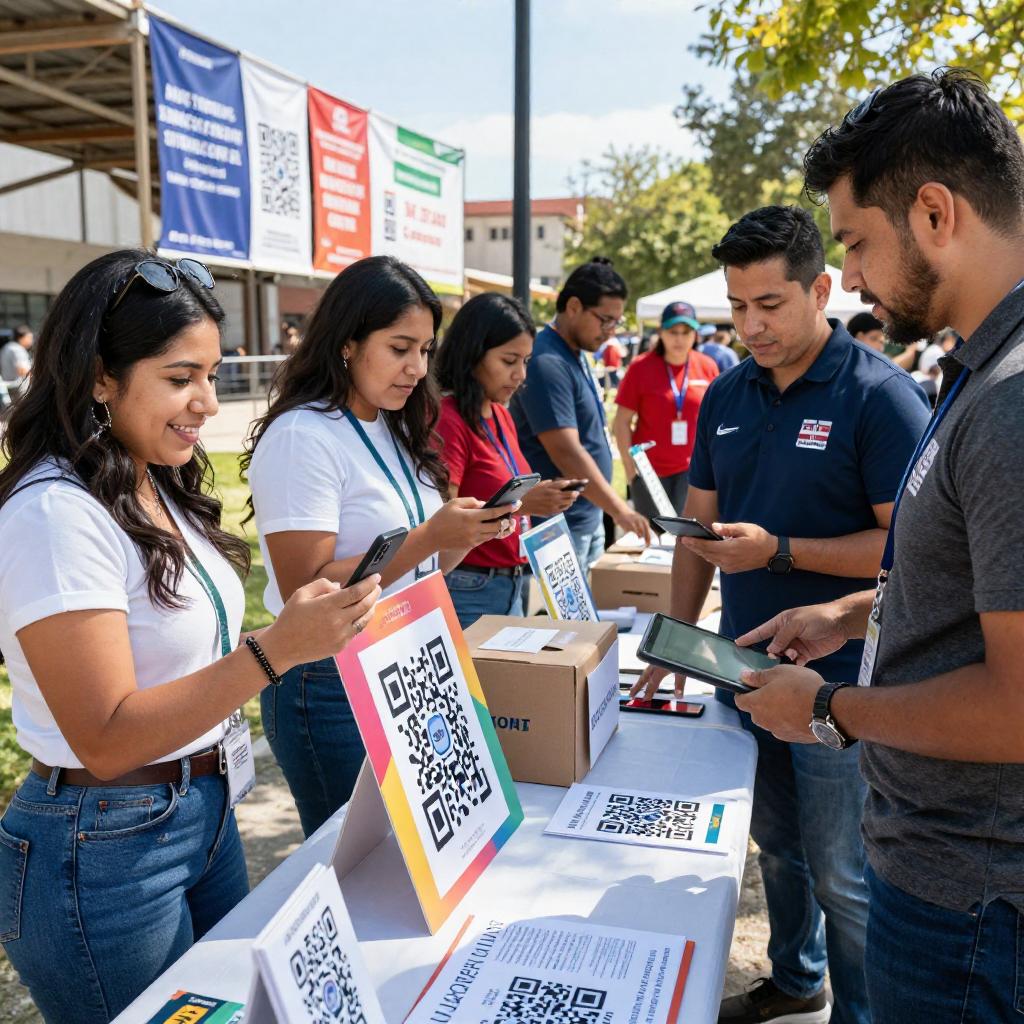 A vibrant, professional scene depicting a community charity event organized by an NGO, where a group of diverse Latinx individuals are actively engaging with a variety of QR code displays on informational posters and digital tablets. The setting is an outdoor urban park with banners promoting charitable causes in the background. One Latinx woman in smart casual attire is smiling while scanning a large QR code on a brightly colored campaign board using her smartphone. Nearby, a Latinx man explains the campaign details to a small group, pointing towards QR codes placed strategically on donation boxes and flyers. The atmosphere is collaborative and hopeful, emphasizing technology’s role in facilitating donations and raising awareness for social causes through QR codes. The lighting is natural, with a clear, sunny sky highlighting the vibrant community interaction and digital integration.