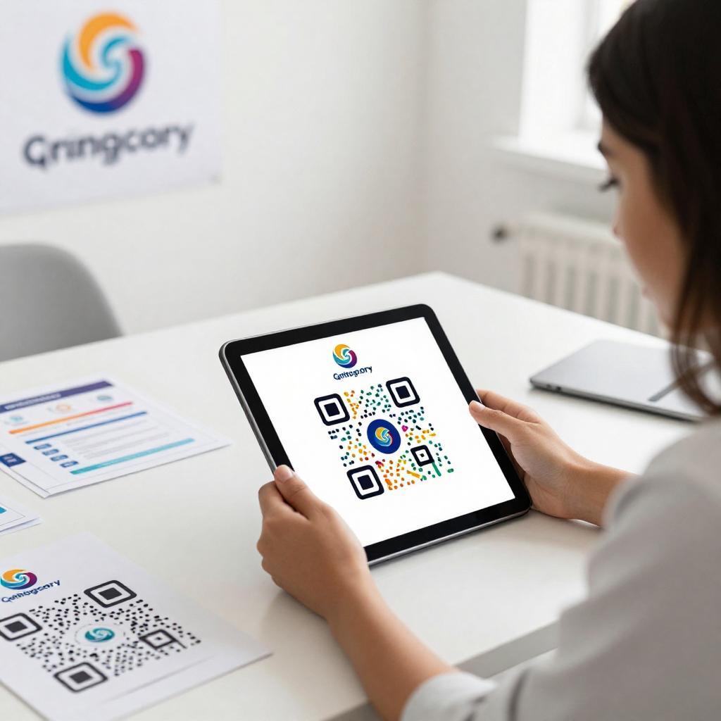 A clean, professional workspace scene featuring a young Latinx woman interacting with a sleek, modern digital tablet displaying a custom-designed QR code that incorporates vibrant brand colors and a unique logo. On the desk, various marketing materials showcase consistent branding elements alongside the QR code. In the background, a subtle wall display highlights the company’s logo and tagline, emphasizing brand identity. The lighting is bright and natural, creating a focused and innovative atmosphere that conveys how customized QR codes enhance brand recognition through visual cohesion and engagement.