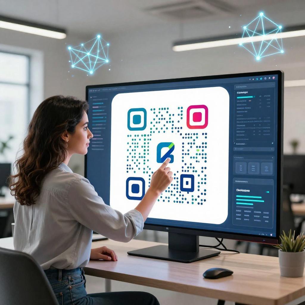 A sleek, modern workspace featuring a confident Latinx graphic designer collaborating with AI technology on a large touch screen display. The designer is actively customizing a vibrant, branded QR code with intricate patterns and colors that seamlessly incorporate the company’s logo and brand identity. Surrounding them are digital elements symbolizing AI algorithms and data analysis, such as glowing neural network lines and futuristic interface overlays. The setting is bright and professional, highlighting innovation and creativity in AI-powered design solutions that enhance brand recognition through personalized QR codes.