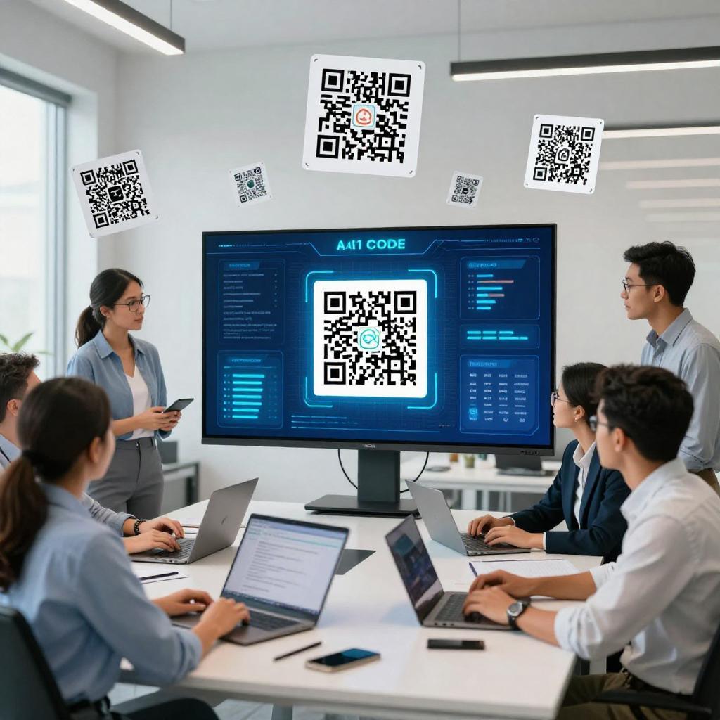 A clean and modern office environment showcasing a diverse team of Latin professionals collaborating around a sleek digital workspace. Prominently displayed on a large screen is a vibrant, futuristic AI-powered interface generating personalized QR codes in real-time. Multiple unique QR codes float dynamically in the air, symbolizing scalable and individualized scans. The atmosphere is bright and high-tech, emphasizing innovation and precision in AI technology. The people are engaged and focused, illustrating seamless integration of AI to deliver customized QR code solutions at scale.