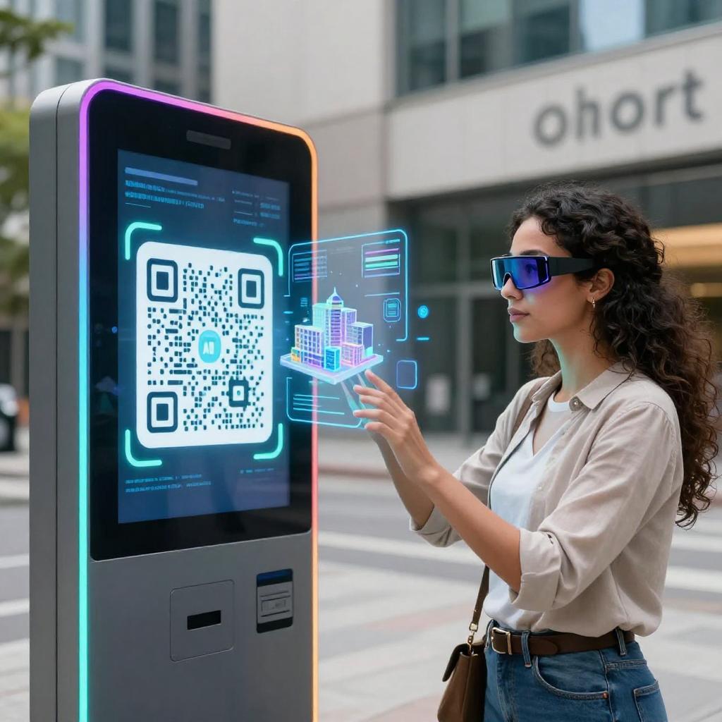 A realistic, professional scene showcasing a modern urban environment where a young Latino woman is interacting with an augmented reality (AR) display emerging from a futuristic QR code. The QR code is prominently displayed on a sleek digital kiosk with vibrant, glowing edges, projecting interactive 3D holograms of architectural models and data visualizations into the air. The woman is wearing smart glasses and reaching out to manipulate the floating 3D elements, highlighting the seamless integration of AR technology into everyday life. The background features contemporary buildings with subtle tech signage, under natural daylight, emphasizing innovation and accessibility of AR QR codes beyond simple links to immersive interactive experiences.