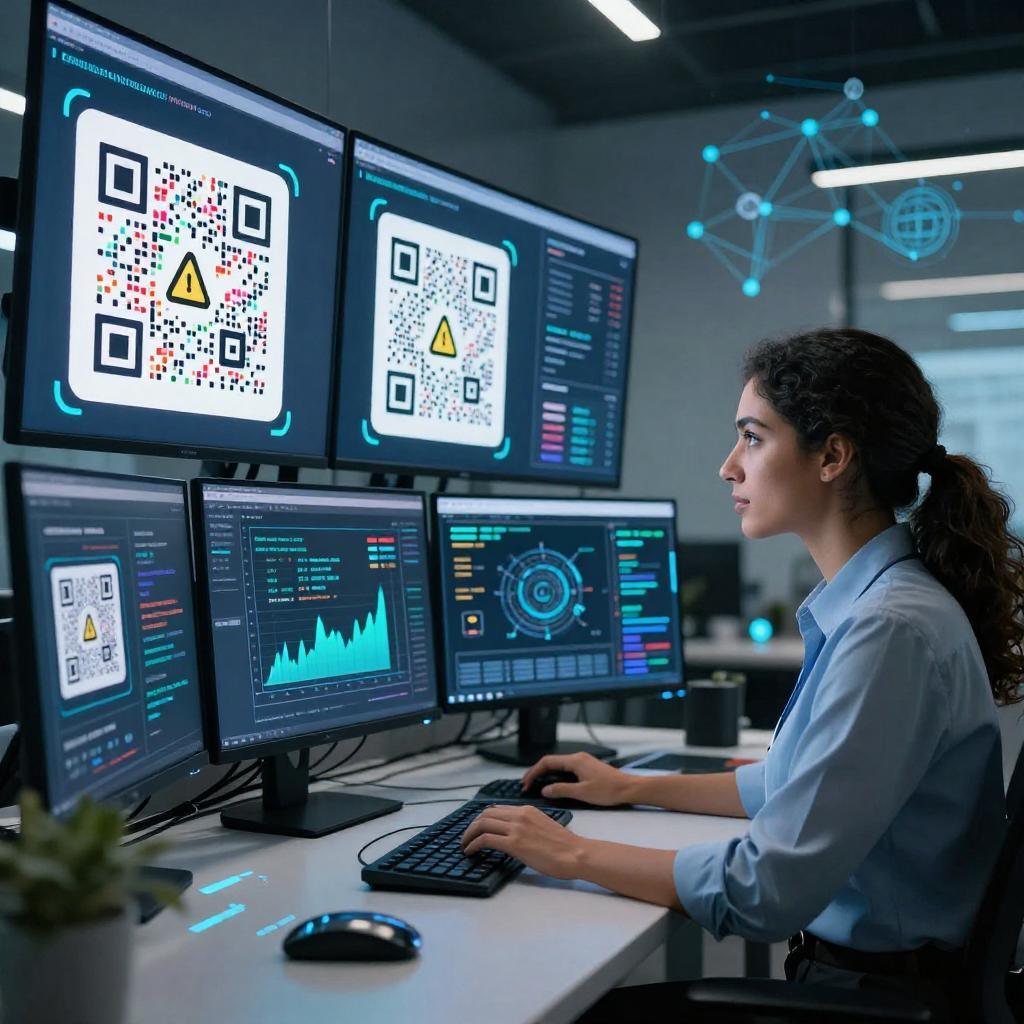 A modern, high-tech office setting with a confident Latinx cybersecurity specialist analyzing multiple large digital screens displaying QR codes and real-time security data. The screens feature colorful QR code patterns, warning symbols, and graphs highlighting malicious code detection algorithms. The specialist is using advanced AI software on a sleek computer, surrounded by holographic interfaces and futuristic tech gadgets. The atmosphere is focused and professional, emphasizing cutting-edge technology and automated validation processes ensuring cybersecurity. The background includes subtle elements of digital networks and secure data flow visuals.