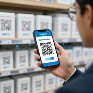 A clean, professional, and realistic image showcasing a close-up of a Latin businessman or businesswoman holding a smartphone displaying a blockchain-verified QR code. The QR code is prominently visible on the phone screen, emphasizing advanced digital security. In the background, there is a warehouse or modern store environment with neatly arranged products, each tagged with similar QR codes. The setting highlights immutable product authentication, with subtle digital blockchain graphics, such as interconnected blocks or chains, overlaying the scene to represent secure, decentralized verification. The lighting is bright and clear, focusing on trust, technology, and authenticity in supply chain management.