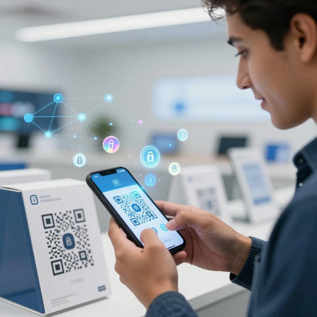 A high-tech, modern retail environment showcasing a close-up of a Latin person scanning a smart product's QR code with their smartphone. The product packaging clearly displays a sleek, glowing QR code integrated with digital blockchain symbols and holographic elements floating around it, symbolizing security and authenticity. In the background, a futuristic interface with blockchain networks and data nodes glows softly, emphasizing transparency and trust. The scene conveys innovation, trustworthiness, and the seamless fusion of blockchain technology with everyday consumer products. The lighting is bright and clean, highlighting cutting-edge technology and the confident expression of the Latin individual engaging with the product.