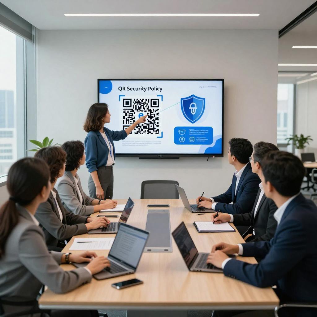 A modern, well-lit corporate meeting room where a diverse group of Latin professionals, dressed in business casual attire, are gathered around a large conference table. On the wall, a digital screen displays a detailed QR security policy presentation, including graphics of QR codes, security shields, and data protection icons. One woman is pointing at the screen with a laser pointer while others attentively take notes on laptops and tablets. The atmosphere is collaborative and focused, conveying best practices in enterprise security policy development. The setting includes sleek office furniture, large windows with a cityscape view, and subtle technological elements to emphasize innovation and cybersecurity.