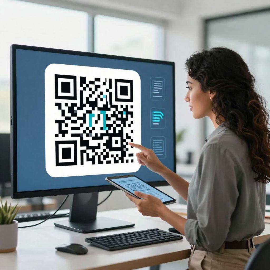A sleek, modern workspace featuring a dynamic QR code displayed prominently on a digital screen, symbolizing real-time updates and seamless connectivity. A confident Latinx professional, dressed in smart casual attire, interacts with the screen using a tablet, demonstrating the ease of updating the QR code without reprinting. The background includes subtle digital interface elements and icons representing data flow and instant changes, emphasizing innovation and efficiency. The lighting is bright and natural, highlighting a clean, tech-forward environment that conveys reliability and modern technology.
