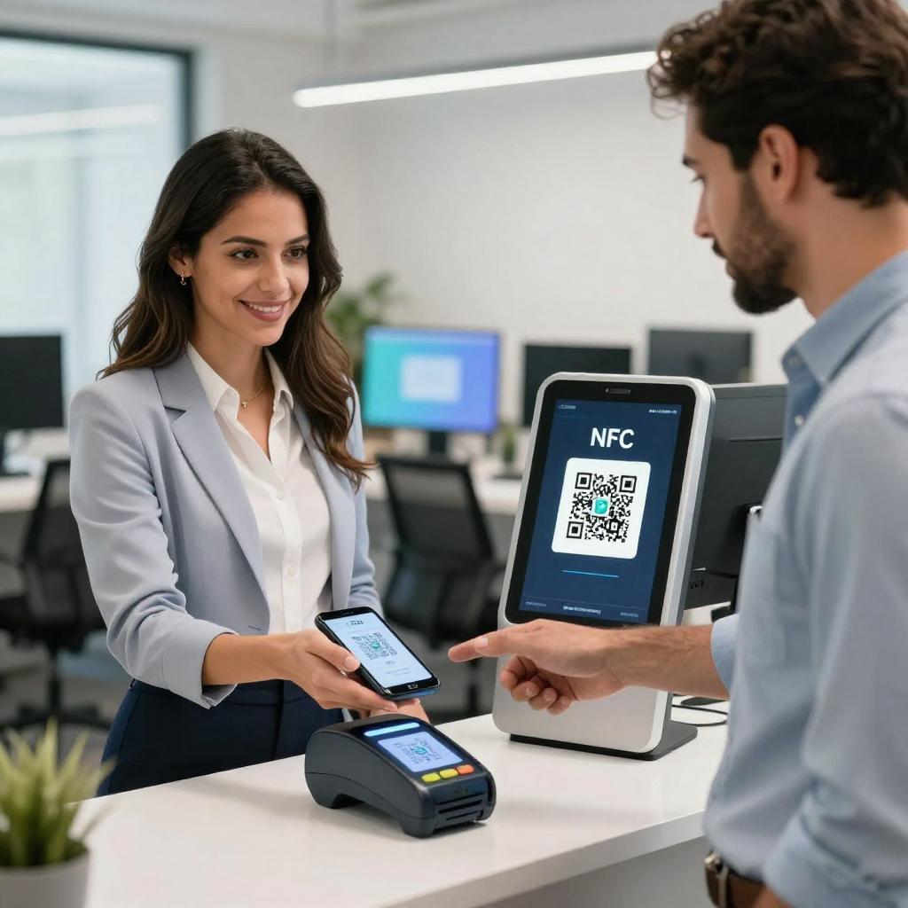 A clean, professional, and realistic office environment showcasing a smart business setting where NFC and QR code technology are integrated seamlessly. The scene features a confident Latin businesswoman holding a smartphone close to an NFC-enabled payment terminal, while a Latin businessman nearby scans a QR code displayed on a sleek digital kiosk. The background includes modern office elements such as computers, digital displays, and minimalist decor that emphasize innovation and technology. Soft, natural lighting highlights the interaction, conveying efficiency and the synergy of NFC and QR codes working together to enhance customer experience and business operations.