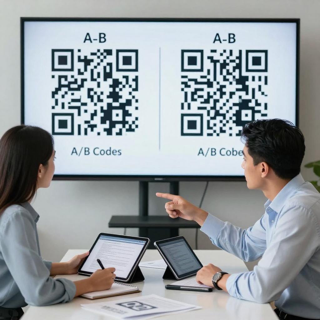 A clean, modern office setting with two Latin professionals, a man and a woman, collaboratively discussing marketing strategies. They are seated at a sleek table with digital tablets and printed materials in front of them. On a large screen behind them, two different QR codes are displayed side by side, each linked to separate campaign variations representing A/B testing. The man points to one QR code while the woman takes notes on a tablet, showing active engagement. The atmosphere is bright and focused, emphasizing data-driven decision-making and innovative marketing techniques. The scene conveys professionalism, teamwork, and the practical use of QR codes in optimizing campaign effectiveness.