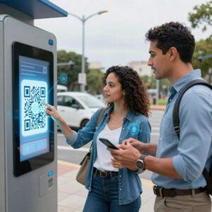 A realistic, clean, and professional image depicting a Latin American man and woman interacting with smart devices in a modern urban environment. The scene highlights IoT technology and QR codes seamlessly integrated into everyday life: the woman is scanning a large, glowing QR code displayed on a public digital kiosk with her smartphone, while the man is adjusting smart home devices connected wirelessly around them. Visible network lines and subtle digital icons illustrate the flow of data between physical objects, creating an interconnected smart device network. The background features smart streetlights, parked autonomous vehicles, and connected infrastructure, emphasizing the fusion of technology and the physical world. The overall tone is futuristic yet approachable, with natural lighting and a clear focus on innovation and connectivity.