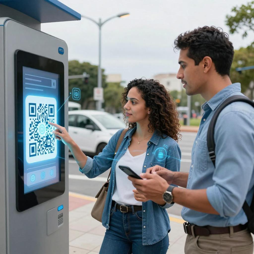 A realistic, clean, and professional image depicting a Latin American man and woman interacting with smart devices in a modern urban environment. The scene highlights IoT technology and QR codes seamlessly integrated into everyday life: the woman is scanning a large, glowing QR code displayed on a public digital kiosk with her smartphone, while the man is adjusting smart home devices connected wirelessly around them. Visible network lines and subtle digital icons illustrate the flow of data between physical objects, creating an interconnected smart device network. The background features smart streetlights, parked autonomous vehicles, and connected infrastructure, emphasizing the fusion of technology and the physical world. The overall tone is futuristic yet approachable, with natural lighting and a clear focus on innovation and connectivity.