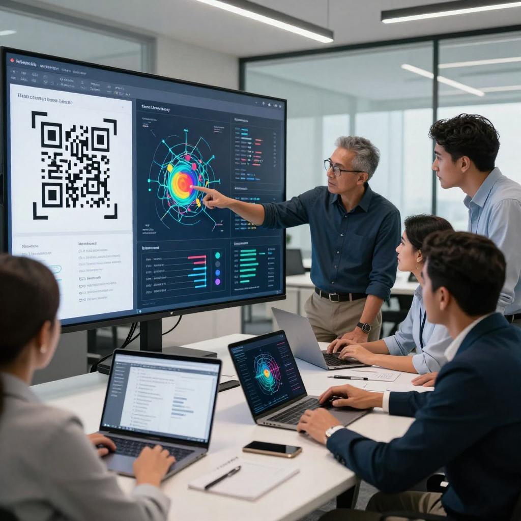A modern, high-tech office environment featuring a group of Latino professionals collaborating around a sleek digital workspace. On large transparent screens and laptops, detailed charts, graphs, and neural network diagrams represent machine learning models analyzing QR code scan behavior. The focus is on data visualization with QR codes, predictive analytics, and algorithm flowcharts. The team is engaged and focused, with one person pointing at a screen displaying heatmaps and scan frequency predictions. The setting is bright and contemporary, emphasizing innovation, data science, and advanced technology in a professional atmosphere.