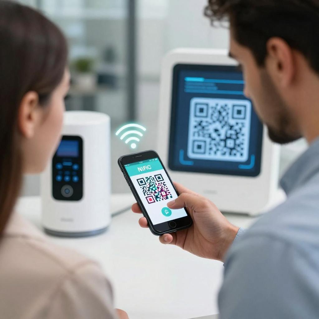 A modern, sleek technology setup featuring a close-up of a Latin man and woman collaboratively using a smartphone to scan a vibrant QR code displayed on a digital screen, while a subtle NFC icon glows softly nearby to indicate seamless contactless communication. The background showcases a contemporary urban environment with smart devices and digital interfaces integrated into everyday life, emphasizing innovation and connectivity. The overall scene is brightly lit, clean, and professional, highlighting the fusion of NFC and QR technologies as an efficient hybrid system for smart interactions.