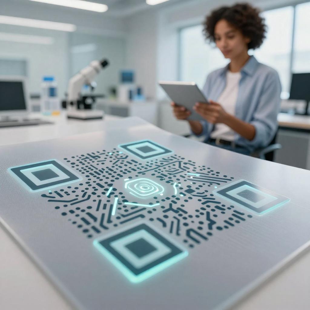 A high-resolution, realistic image showcasing a close-up view of a futuristic printed electronics QR code integrated seamlessly onto a flexible smart material surface, such as fabric or a thin transparent sheet. The QR code emits a subtle digital glow, highlighting its advanced technology. In the background, a confident Latinx engineer in modern tech workspace attire examines the smart material with a tablet, demonstrating its innovative applications. The setting is sleek and high-tech, with soft natural lighting emphasizing the material’s texture and intricate circuit patterns embedded within the QR code. The overall mood conveys cutting-edge technology, innovation, and the fusion of printed electronics with smart materials.