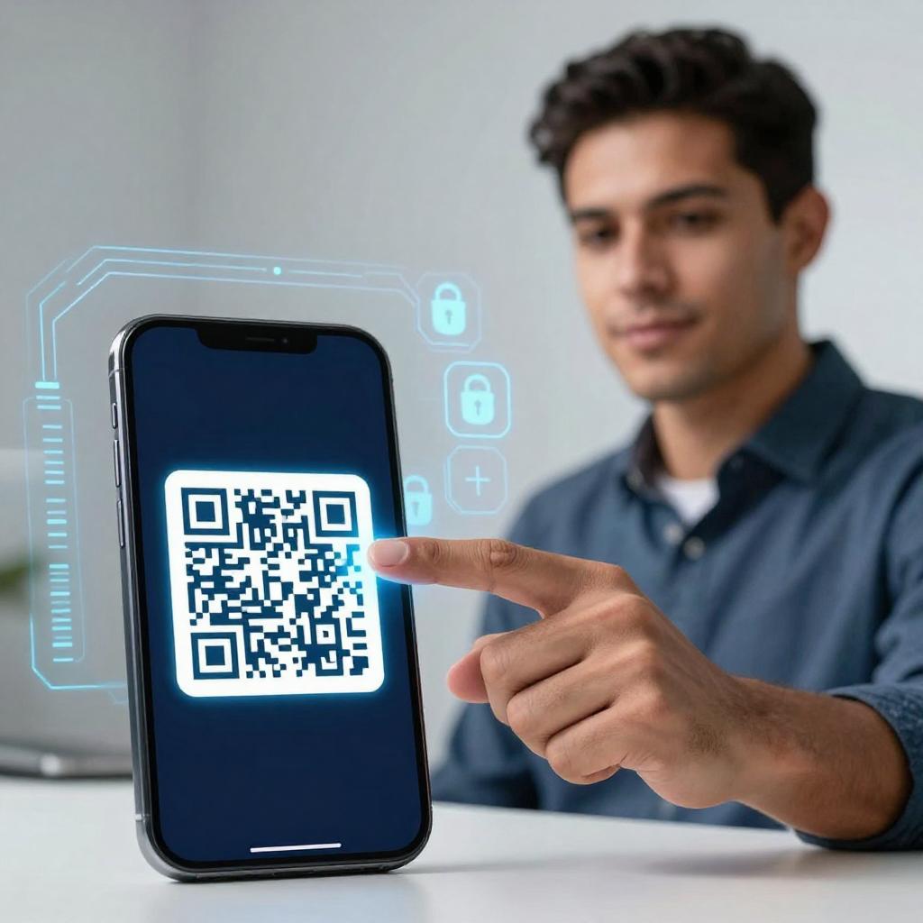 A sleek, modern smartphone displaying a vibrant QR code on its screen, positioned in the foreground. Next to the phone, a confident Latin man with neat, short dark hair is using biometric authentication by placing his thumb on the phone’s fingerprint sensor. The background features a futuristic digital interface with subtle holographic elements and security icons, symbolizing advanced mobile security technology. The setting is a clean, high-tech environment with soft lighting that emphasizes innovation and trustworthiness in secure mobile access.