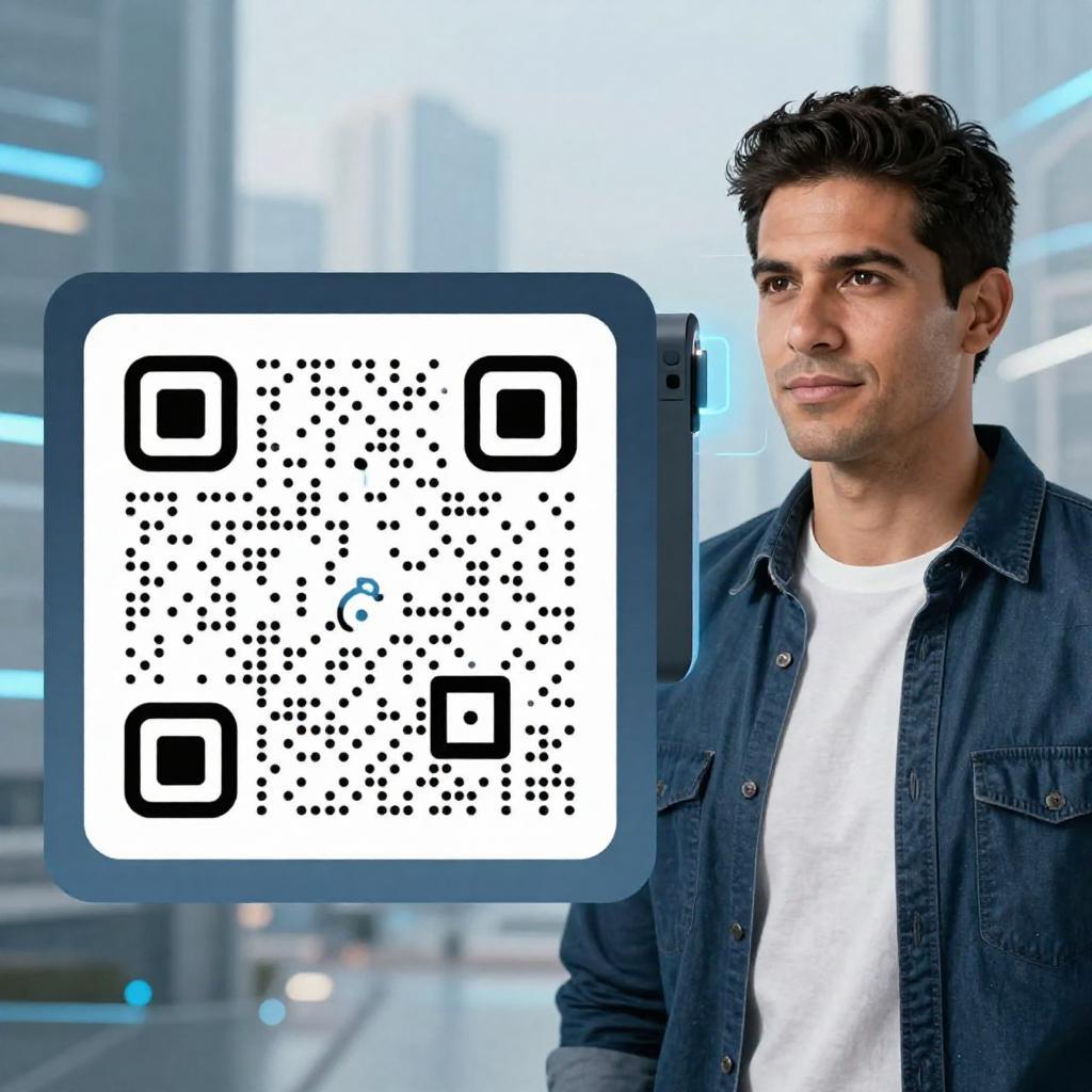 A sleek, modern digital interface displaying a large, clear QR code prominently in the foreground. Next to the QR code, a high-tech facial recognition scanner is actively analyzing the face of a confident Latin American man with medium skin tone, short dark hair, and casual professional attire. The background features a subtle futuristic cityscape with soft blue and white lighting, emphasizing advanced technology. The overall scene conveys seamless, secure identity verification at a glance with a focus on biometrics and mobile scanning technology, reflecting innovation and trustworthiness.