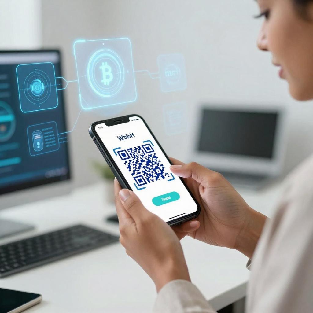 A sleek, futuristic digital scene showcasing a close-up of a smartphone screen displaying a vibrant QR code for cryptocurrency payment. The background features a modern workspace with holographic Web3 icons and blockchain graphics subtly glowing. In the foreground, a confident Latinx professional in business casual attire is interacting with the phone, scanning or presenting the QR code for a seamless crypto transaction. The atmosphere is bright and tech-forward, emphasizing innovation, security, and the ease of digital payments in the decentralized finance world.