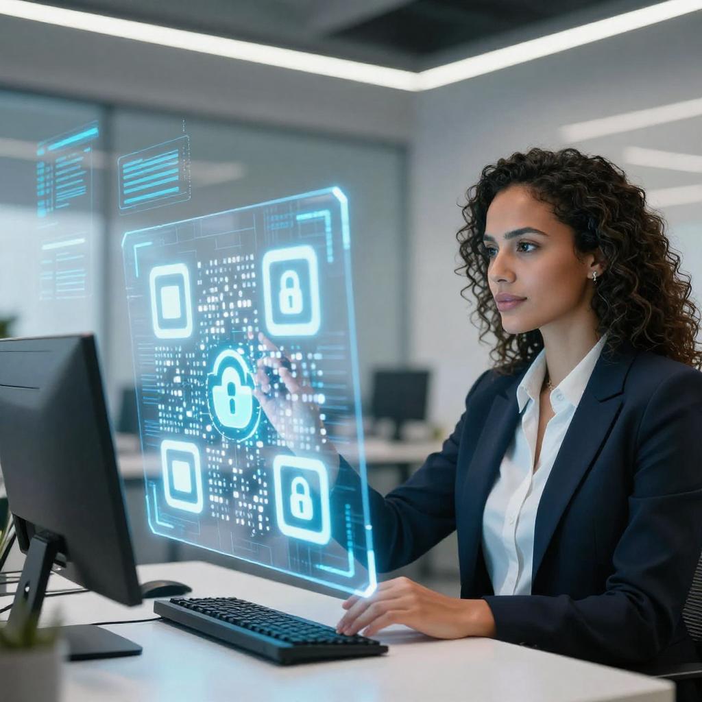 A modern, sleek workspace featuring a confident Latin professional woman examining a futuristic transparent screen displaying a complex QR code embedded with glowing quantum encryption symbols. The background shows holographic data streams and digital locks symbolizing advanced security technology. The environment blends high-tech elements with a clean, modern office setting to emphasize innovation and future-proofing in data encryption. The lighting is bright and focused, highlighting the interplay between cutting-edge quantum-resistant cryptography and the user seamlessly interacting with it.