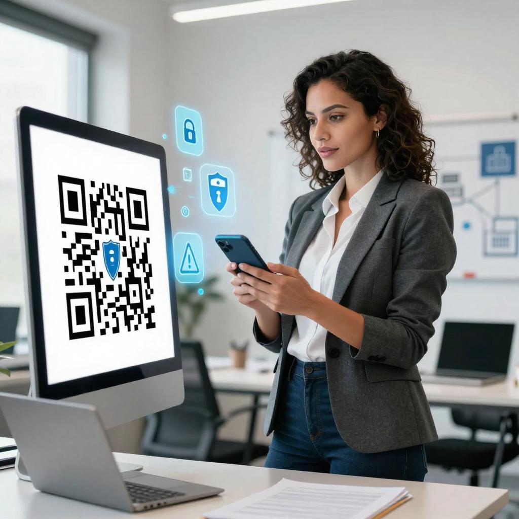A clean, professional office setting with a confident Latin businesswoman in her 30s, dressed in smart casual attire, holding a smartphone and scanning a QR code displayed on a large computer screen. Around her, subtle holographic digital security icons and warning symbols represent protection against phishing attacks. The background features modern office elements like desks, laptops, and whiteboards with cybersecurity diagrams. The overall tone is bright and focused, emphasizing vigilance and cybersecurity awareness in a business environment.