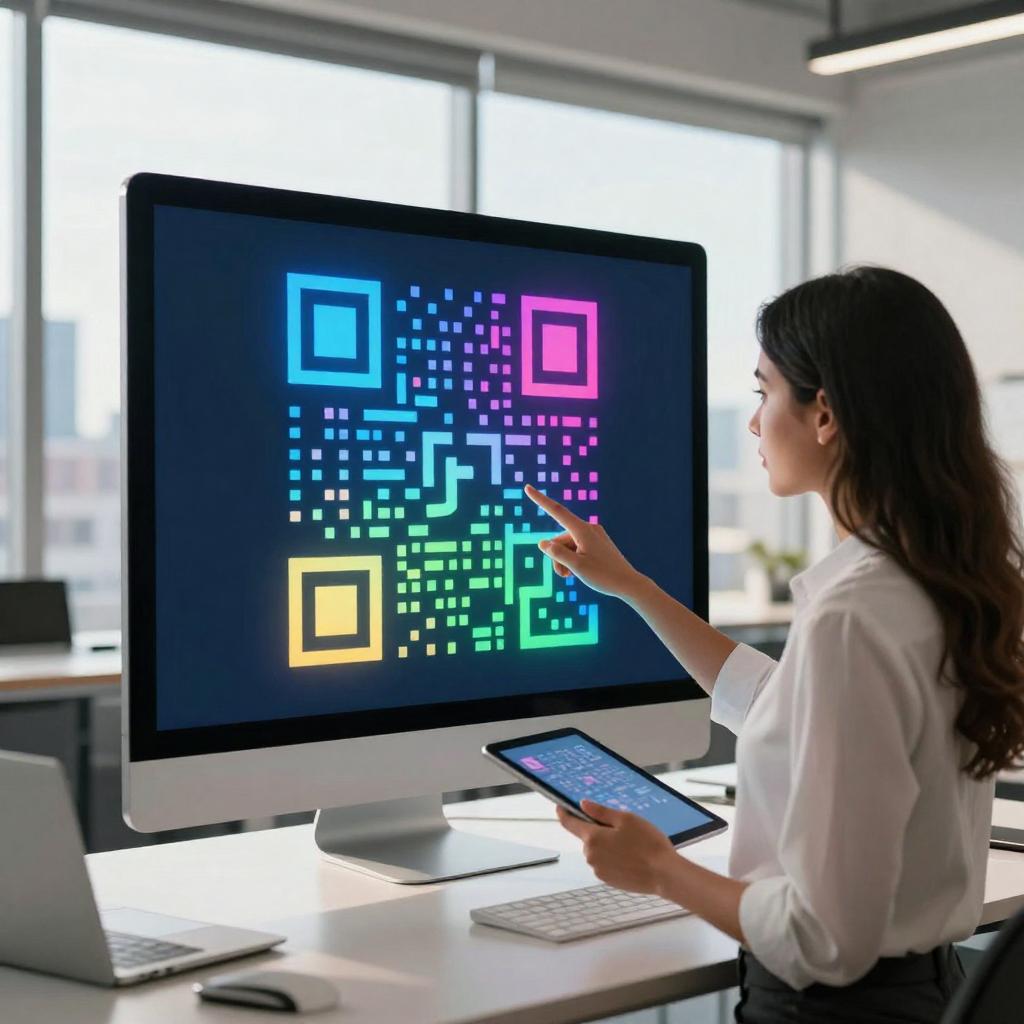 A sleek, modern workspace featuring a smart QR code displayed on a digital screen that dynamically changes colors and patterns based on surrounding light and weather conditions. In the foreground, a focused Hispanic professional woman interacts with the display, pointing at the evolving QR code with a tablet in hand. The background shows a bright office with large windows revealing a cityscape, where changing sunlight filters through, emphasizing the adaptive quality of the QR code technology. The scene conveys innovation, connectivity, and cutting-edge digital solutions seamlessly integrated with the environment.