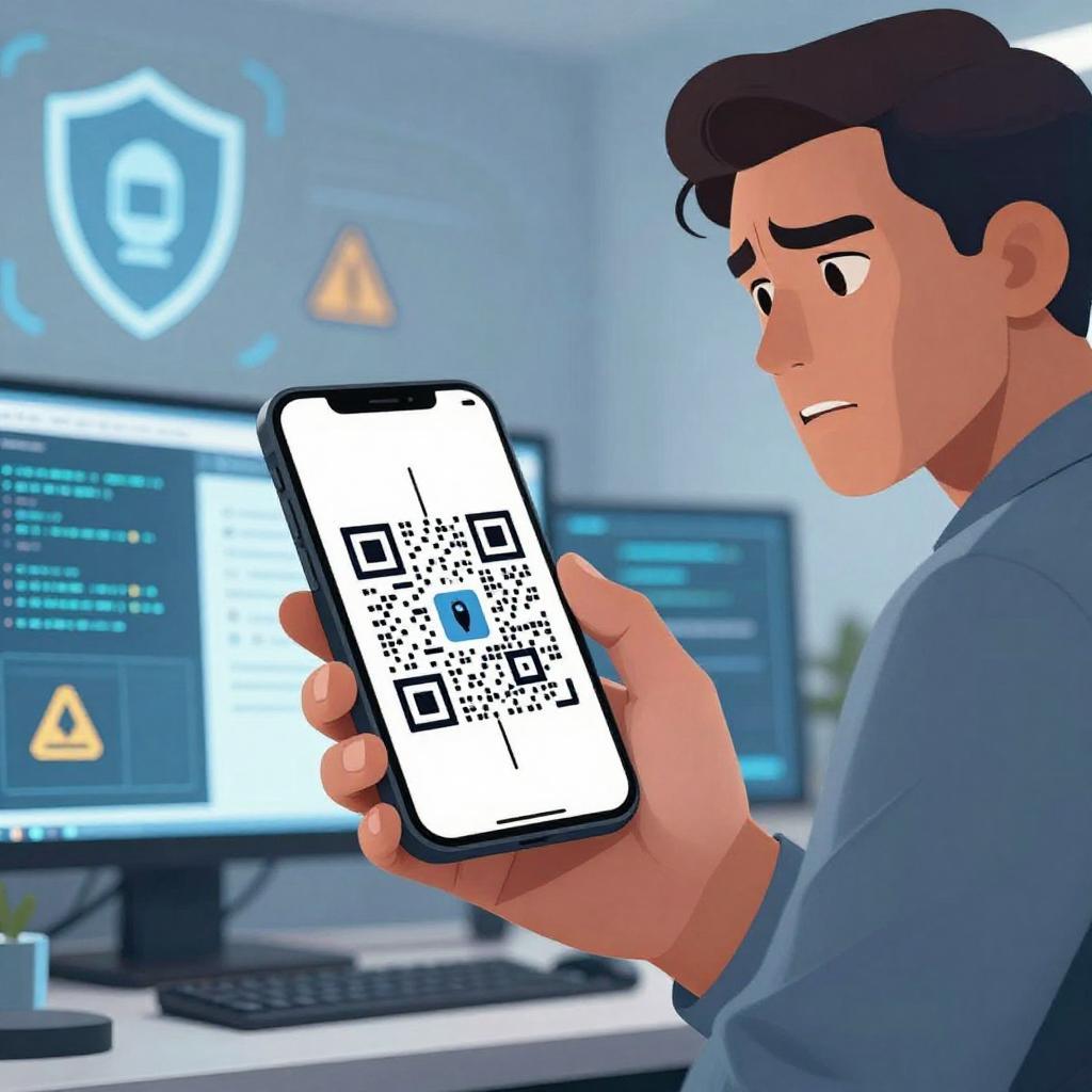 A clean, professional, and realistic digital illustration showing a close-up of a Latin man holding a smartphone scanning a split QR code displayed on a screen. The split QR code is visually divided into two mismatched parts on a digital interface, hinting at a deceptive phishing technique. The background is a modern office setting with subtle cybersecurity elements such as a shield icon, warning symbols, and code snippets faintly visible on computer monitors. The man’s expression is focused and slightly concerned, emphasizing awareness and caution against this new phishing method. The overall color palette is cool and tech-inspired, with blues and grays dominating the scene.