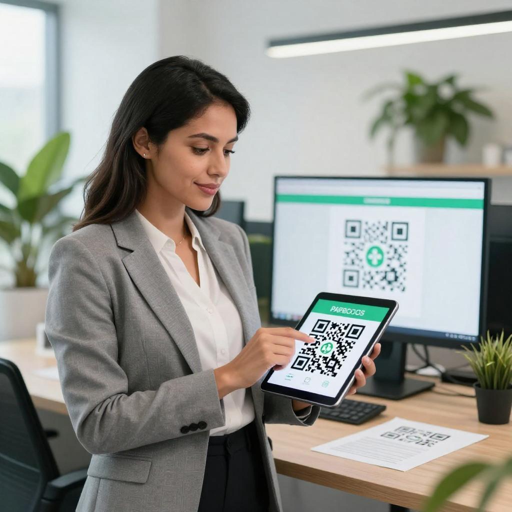 A clean, modern office environment where a confident Latin businesswoman is scanning a QR code displayed on a sleek digital tablet, symbolizing a paperless transaction. In the background, digital screens and minimal paper usage highlight the eco-friendly workflow. Lush green plants accentuate the space, emphasizing environmental sustainability. The scene reflects the positive environmental impact of QR codes in reducing paper waste and promoting a greener, smarter business approach. Natural lighting enhances the futuristic, eco-conscious atmosphere.
