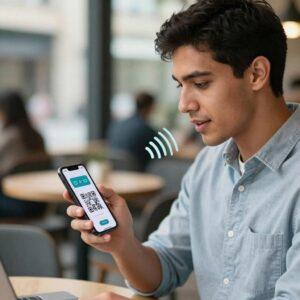 A realistic, clean, and modern tech environment featuring a young Latin man using a smartphone with a visible QR code on the screen. The man is interacting hands-free, speaking aloud to activate the QR code scanning function. The setting emphasizes accessibility and ease of use, with subtle indicators like sound waves or voice command icons near his mouth to illustrate voice activation. The background is softly blurred, suggesting a public or casual space like a café or urban outdoor area. The overall tone is inclusive, highlighting innovative technology empowering people with hands-free interaction.