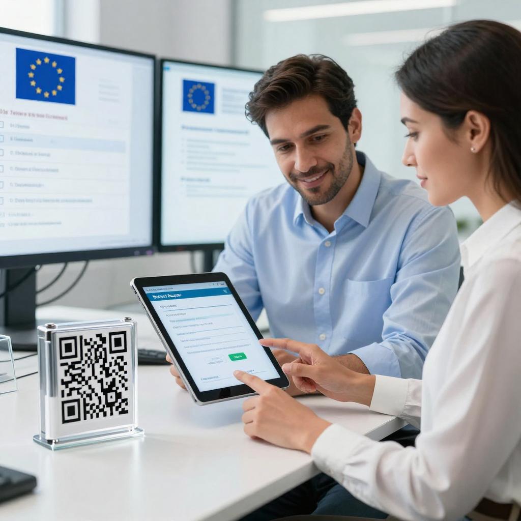 A clean, professional office setting where a confident Latin American man and woman are collaborating on a digital tablet displaying a detailed battery passport interface. In the foreground, a large, clear QR code is prominently visible on a battery pack, symbolizing its EU compliance certification. The background features modern digital screens showing EU regulatory logos and compliance checklists. The environment is bright, sleek, and technologically advanced, emphasizing innovation and sustainability in battery management.