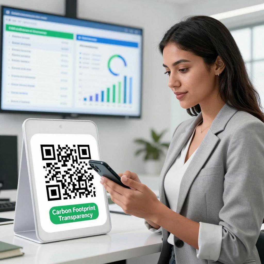 A clean, modern office environment with a young Latinx professional woman holding a smartphone, scanning a QR code displayed on a sleek product label. The label prominently features eco-friendly symbols and a clear “Carbon Footprint Transparency” tag. In the background, digital screens show detailed ESG (Environmental, Social, Governance) data and charts highlighting sustainability metrics. The atmosphere is bright and professional, emphasizing innovation and corporate responsibility in environmental reporting.
