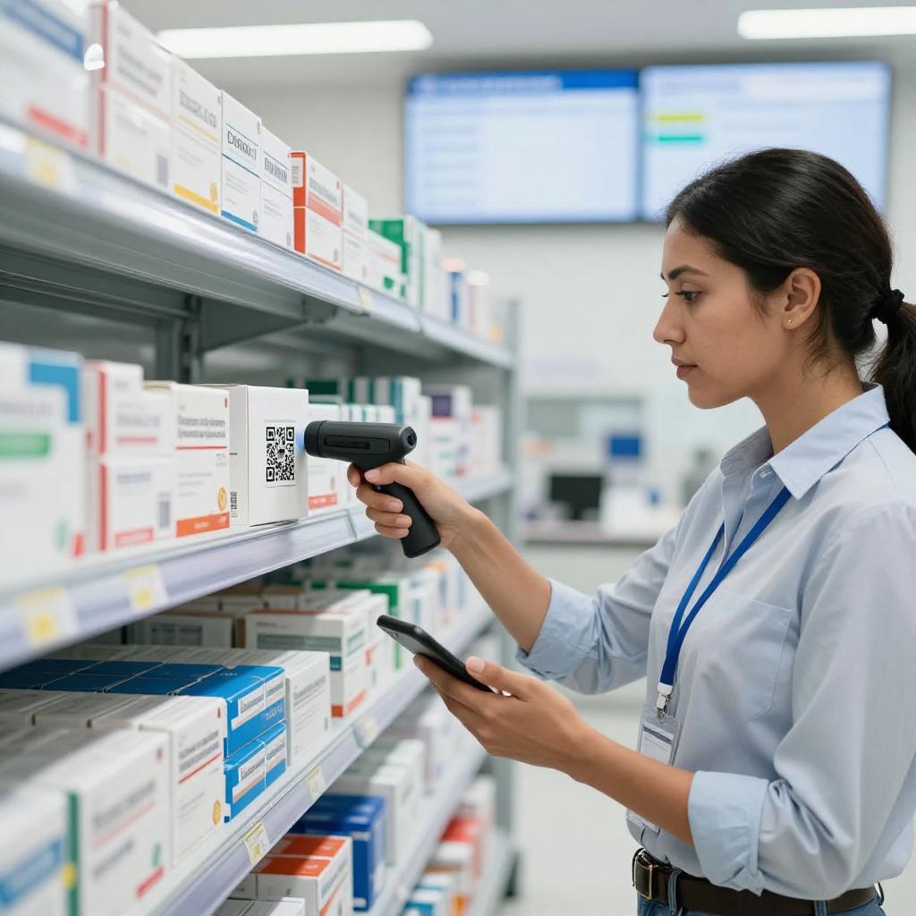 A clean, professional, realistic image of a modern pharmaceutical warehouse or distribution center, showcasing shelves filled with neatly organized medicine boxes. On the foreground, a Latinx supply chain manager or quality control specialist is scanning a prominent QR code on a medicine package using a handheld scanner or smartphone. The individual wears business casual attire with a visible ID badge, symbolizing their role in ensuring DSCSA compliance. Bright, well-lit environment with digital screens in the background displaying shipment tracking data and compliance information. The scene highlights the integration of technology and regulatory standards in pharmaceutical supply chains through the use of QR codes.