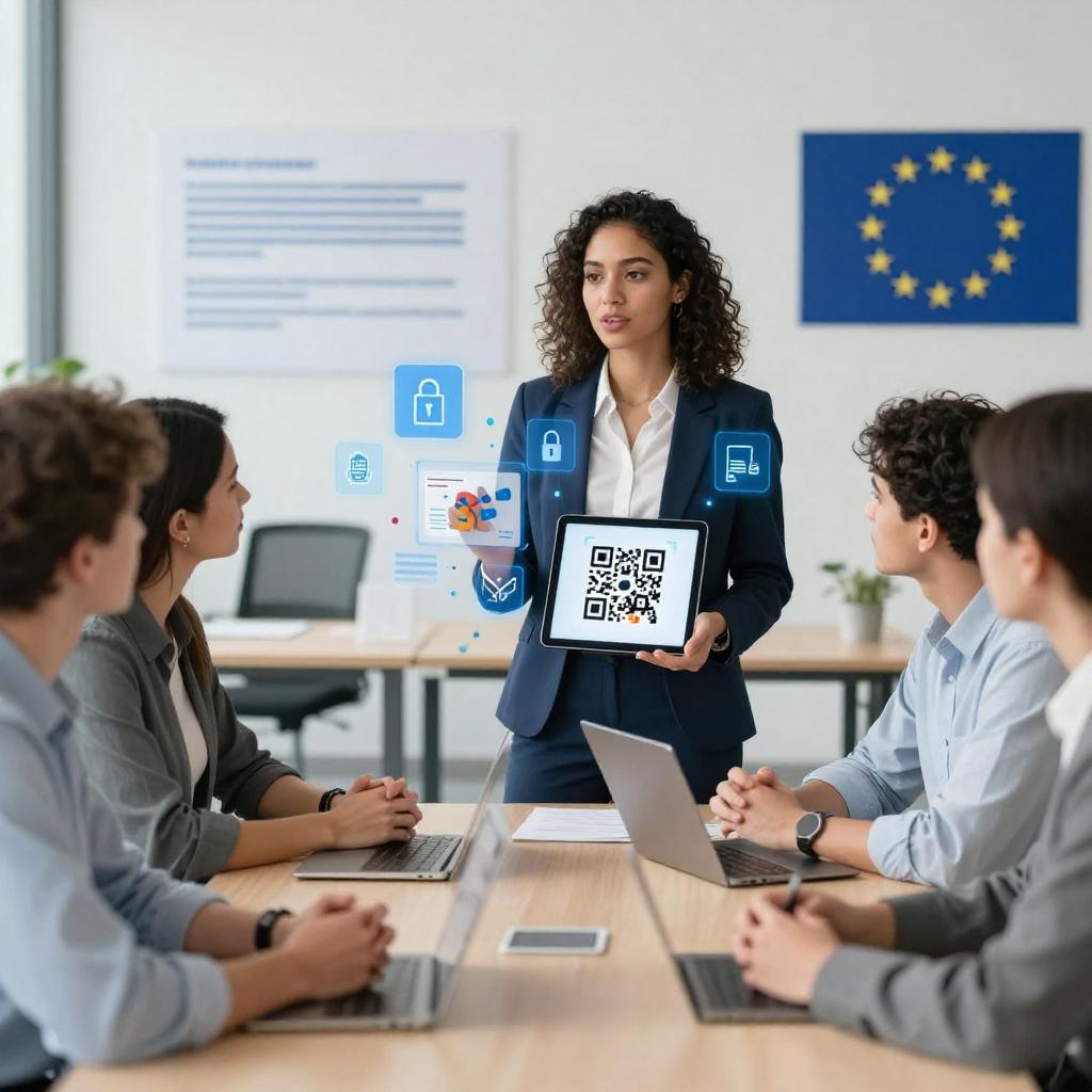 A modern, well-lit office scene featuring a young Latin professional woman explaining the concept of the EU Digital Product Passport (DPP) to a small group of colleagues. She is holding a tablet displaying a vibrant QR code while digital icons representing compliance, security, and product data float around. The background shows sleek EU-themed graphics and a digital interface with the EU flag subtly integrated. Everyone is dressed in smart casual attire, focused and engaged, highlighting a clear, informative atmosphere about QR code compliance and digital product tracking. The overall image is clean, realistic, and professional with a technology-driven, educational vibe.