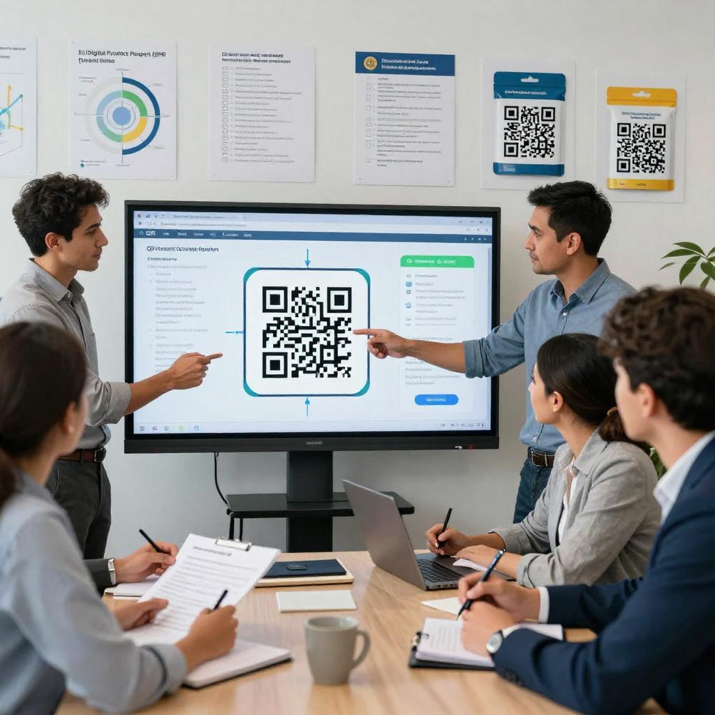 A sleek, modern office setting with a diverse team of Latino professionals collaborating around a large touchscreen display showing colorful QR codes and digital diagrams. One person is pointing at the screen, illustrating the design phase of QR codes, while others are taking notes and discussing EU Digital Product Passport (DPP) compliance processes. The background includes charts, compliance checklists, and product packaging mockups featuring QR codes. The atmosphere is focused and innovative, highlighting the journey from design to launch of QR code-enabled solutions for EU DPP adherence. The image should have realistic lighting and natural expressions, emphasizing teamwork and technology in a professional environment.