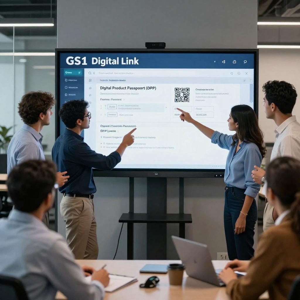 A modern office environment with a diverse group of Latin American professionals collaborating around a large digital screen displaying the GS1 Digital Link interface. The screen shows detailed product information, QR codes, and data points representing Digital Product Passport (DPP) compliance. The team members, dressed in smart casual attire, are engaged in discussion and pointing at the display, demonstrating teamwork and innovation. The background features sleek technology and office elements, symbolizing a forward-thinking approach to supply chain transparency and regulatory adherence. The atmosphere is focused, professional, and dynamic, highlighting the implementation of advanced digital solutions in compliance management.