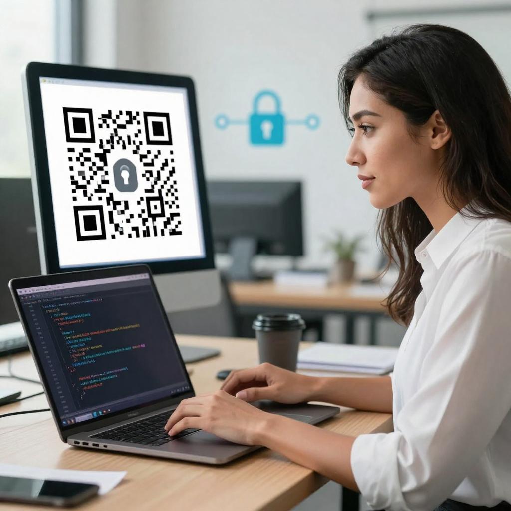 A clean, professional office setting featuring a confident Latin software engineer working intently on a laptop with code related to SSL pinning displayed on the screen. In the foreground, a clear large QR code is visible on a digital tablet or monitor, symbolizing QR code destinations. The background includes subtle cybersecurity elements like padlock icons and secure connection symbols, emphasizing data protection. The overall atmosphere is modern and tech-focused, with natural lighting highlighting the focused expression of the engineer, showcasing the importance of implementing SSL pinning for secure QR code use.