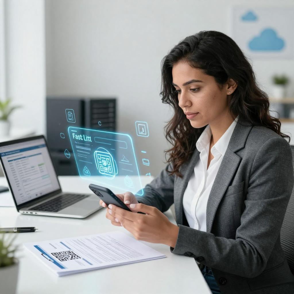 A clean, modern office environment showcasing a Latin professional woman scanning a QR code on an insurance claim document using her smartphone. Around her, digital holograms and icons representing fast data processing and verification float in the air. The background features a sleek desk with a laptop displaying claim information, alongside subtle elements of technology such as servers or cloud symbols. The lighting is bright and natural, emphasizing efficiency and innovation in insurance claims processing.