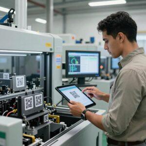 A modern manufacturing facility with advanced machinery equipped with visible QR codes on components and equipment. In the foreground, a Latinx engineer wearing smart casual attire is using a tablet to scan a QR code, monitoring real-time data analytics and predictive maintenance alerts from an Industrial Internet of Things (IIoT) system. The background shows interconnected machines with digital screens displaying graphs and maintenance schedules. The setting conveys a high-tech, efficient industrial environment with bright, natural lighting and a focus on innovation and technology integration.