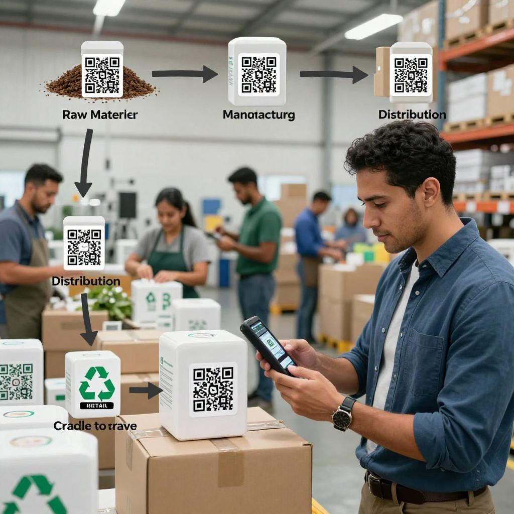 A realistic, professional scene depicting the concept of product lifecycle tracking using QR codes from cradle to grave. The image features a series of interconnected stages of a product’s journey: raw material extraction, manufacturing, packaging, distribution, retail, consumer use, and recycling or disposal. Prominently displayed on products at each stage are clear, scannable QR codes. In the foreground, a confident Latinx male engineer in smart casual attire is scanning a QR code on a product with a handheld device, symbolizing active tracking and data collection. In the background, diverse Latinx workers are engaged in various tasks such as assembling products in a clean factory environment, managing inventory in a warehouse, and sorting items for recycling in an eco-friendly facility. The setting is bright and modern, emphasizing transparency, sustainability, and technology integration throughout the entire lifecycle of the product.