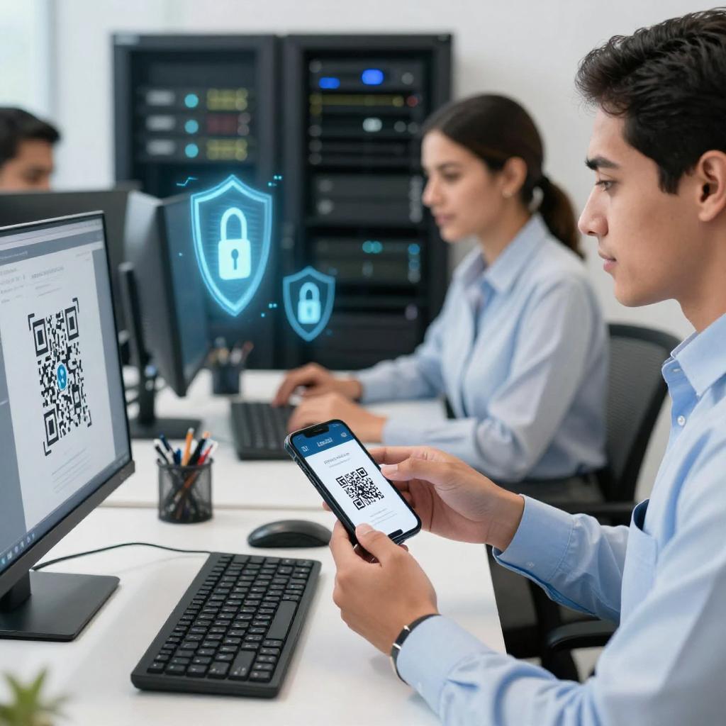 A clean, professional corporate office setting with Latin American employees working collaboratively at desks equipped with computers and digital devices. One employee is scanning a secure QR code on a sleek ID badge or access card using a modern smartphone, emphasizing secure data access. The background features subtle elements like locked data servers, digital padlocks, and holographic data protection icons symbolizing cybersecurity. The overall atmosphere is bright, organized, and high-tech, showcasing a strong focus on protecting employee data through advanced QR code security measures in a corporate environment.