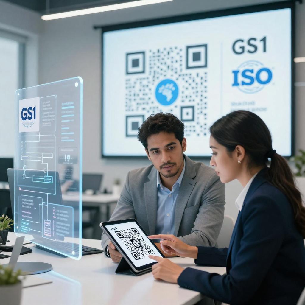 A modern, professional office setting featuring a confident Latin man and woman collaborating over a digital tablet displaying a detailed QR code. Surrounding them are sleek, semi-transparent floating screens showcasing GS1 and ISO logos, technical diagrams, and data flow charts emphasizing interoperability standards. The background includes a large digital display with a stylized QR code integrating visual elements of global connectivity and standardized data sharing. The scene is well-lit with a clean, high-tech atmosphere, highlighting the theme of advanced QR code data carrier standards and seamless communication protocols.